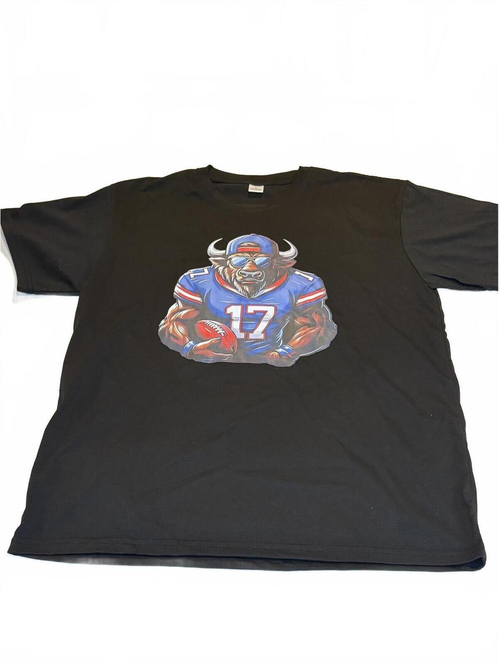 Black Graphic T-Shirt with Buffalo Bills Josh Allen Bull 17 Size Large